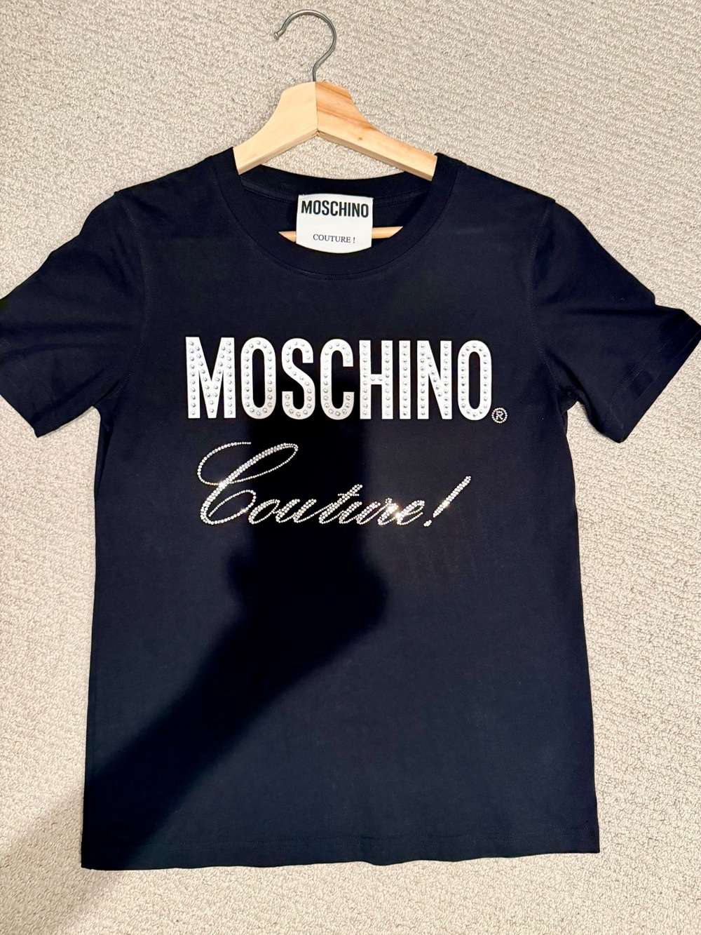 Authentic Moschino Black Short-Sleeve Tee with Crystal Logo. Retail price $388.